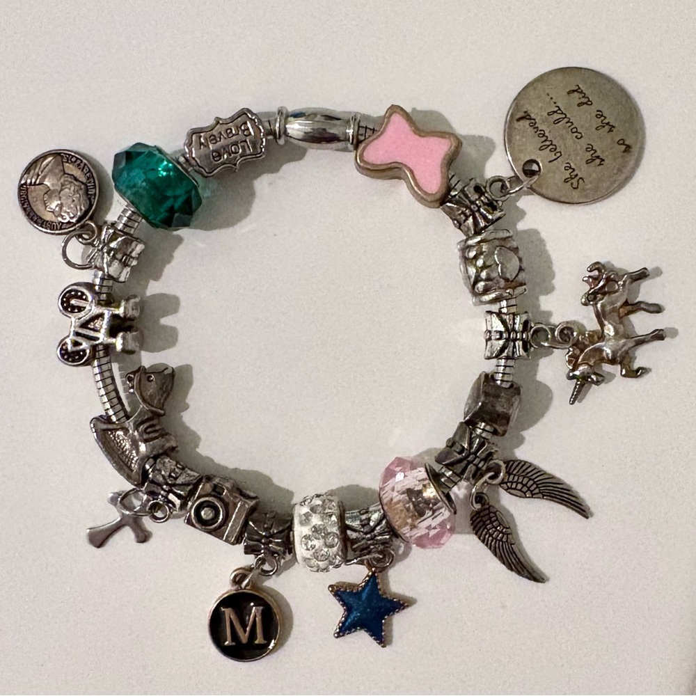 Silver Charm Bracelet with Magnetic Closure, 17 Charms and Beads